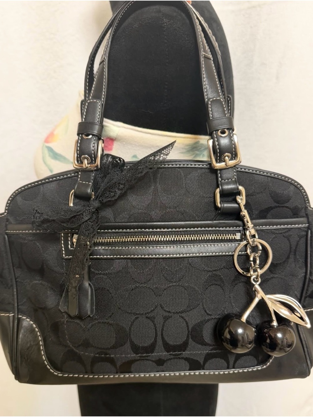 Coach Black Signature Satchel with Cherry Charm